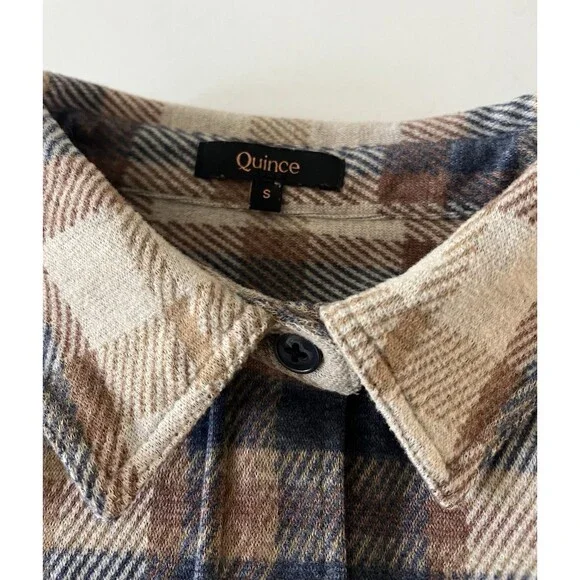 Quince Men Stretch Sweater Fleece Shirt Plaid Brown/Blue S - Picture 4 of 6